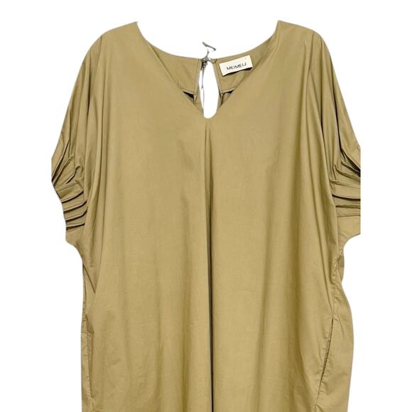 Meimeij Khaki Long Dress Pockets Vneck Short Sleeve Italian Lagenlook Fall M - Picture 4 of 10